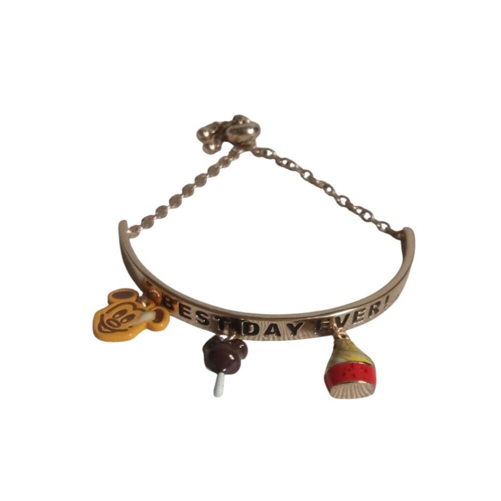 Disney Gold Toned Mickey Snacks Engraved Best Day Ever Half Cuff Charm Bracelet